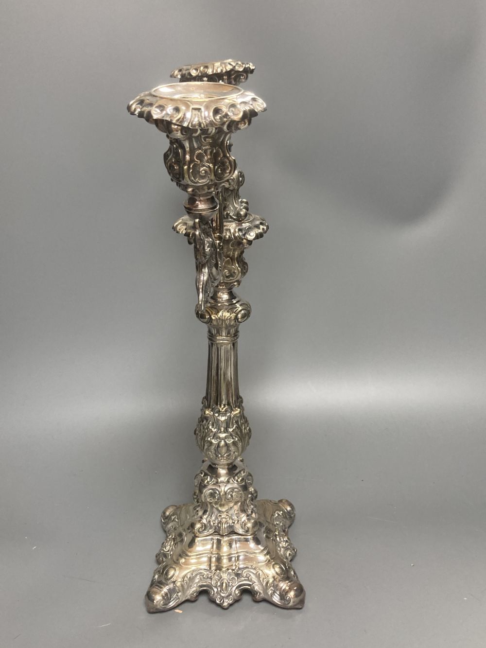A silver plated twin light candelabrum, rococo style, hollow construction, 41cm high